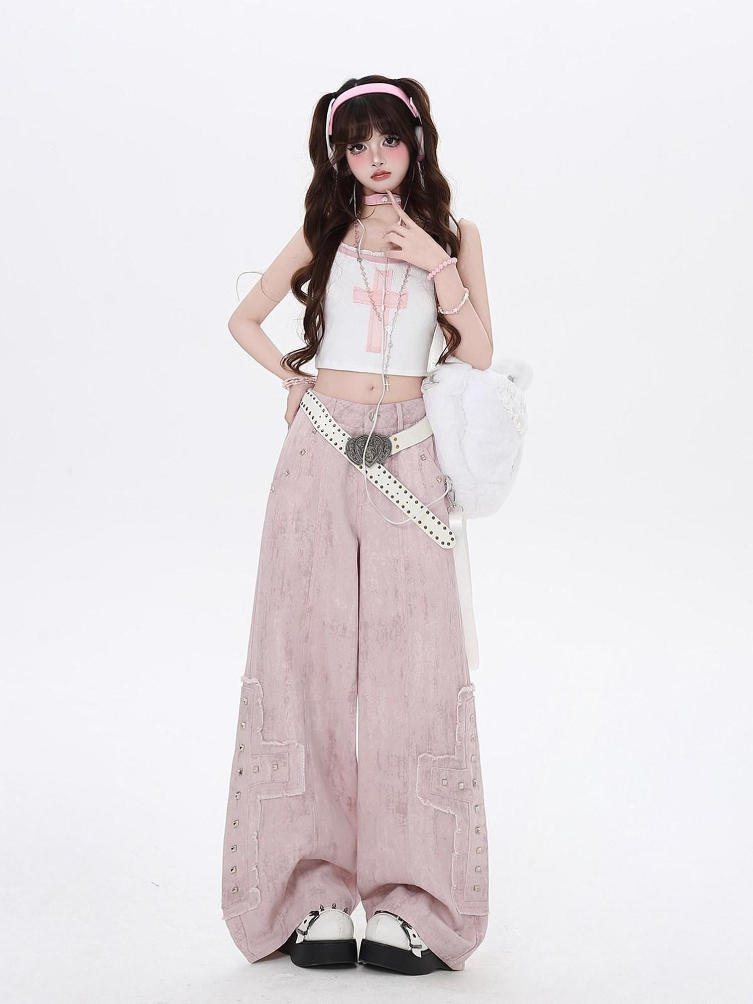 CRAZYGIRL Pale Pink Denim High Waist Cargo Loose Straight Women's Wide-leg Pants