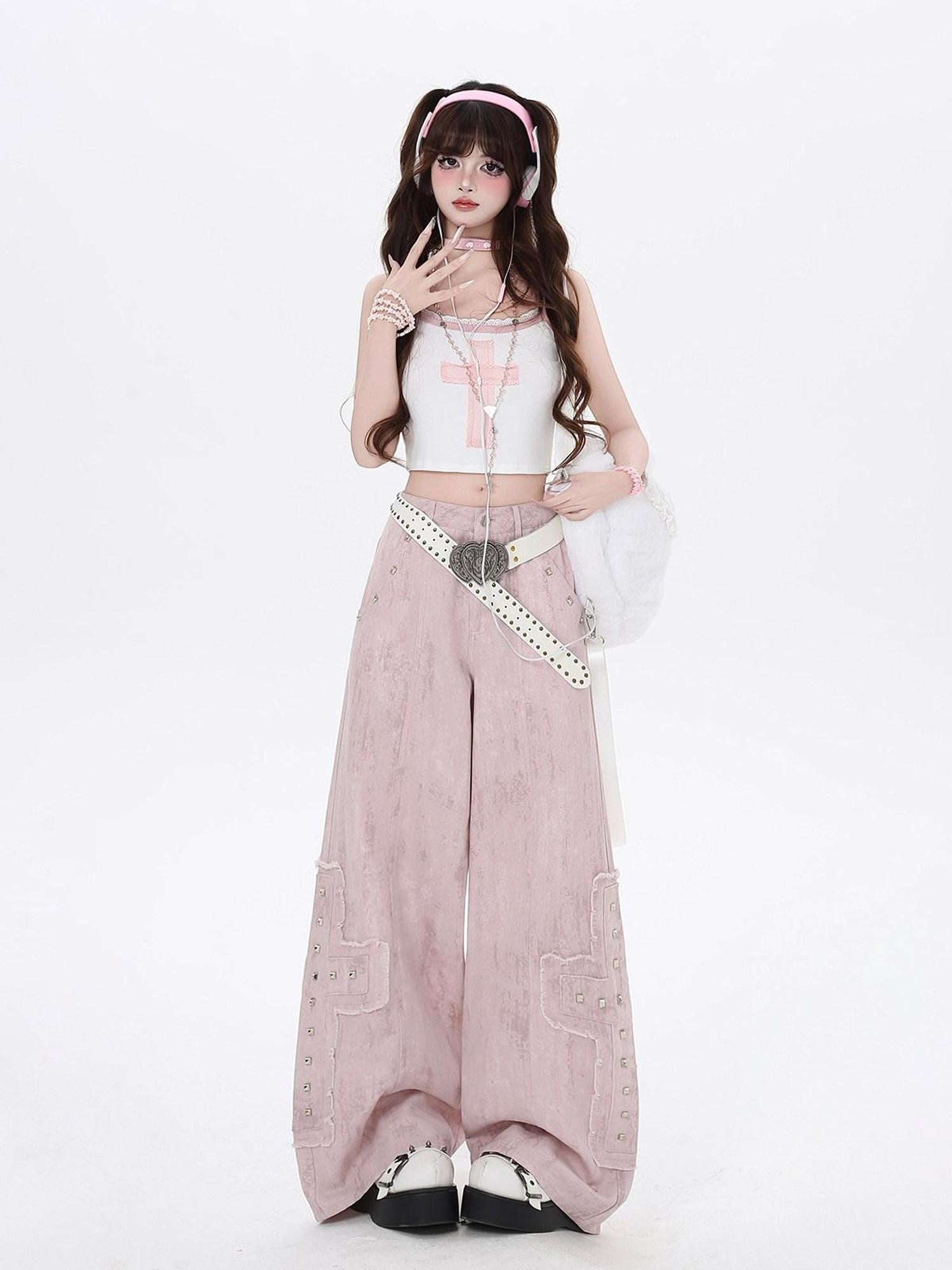 CRAZYGIRL Pale Pink Denim High Waist Cargo Loose Straight Women's Wide-leg Pants