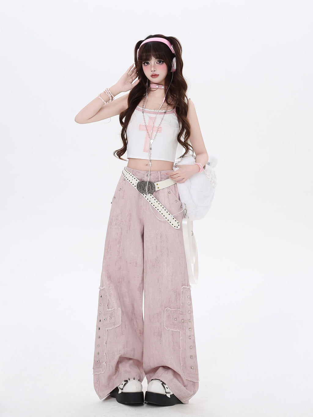 CRAZYGIRL Pale Pink Denim High Waist Cargo Loose Straight Women's Wide-leg Pants