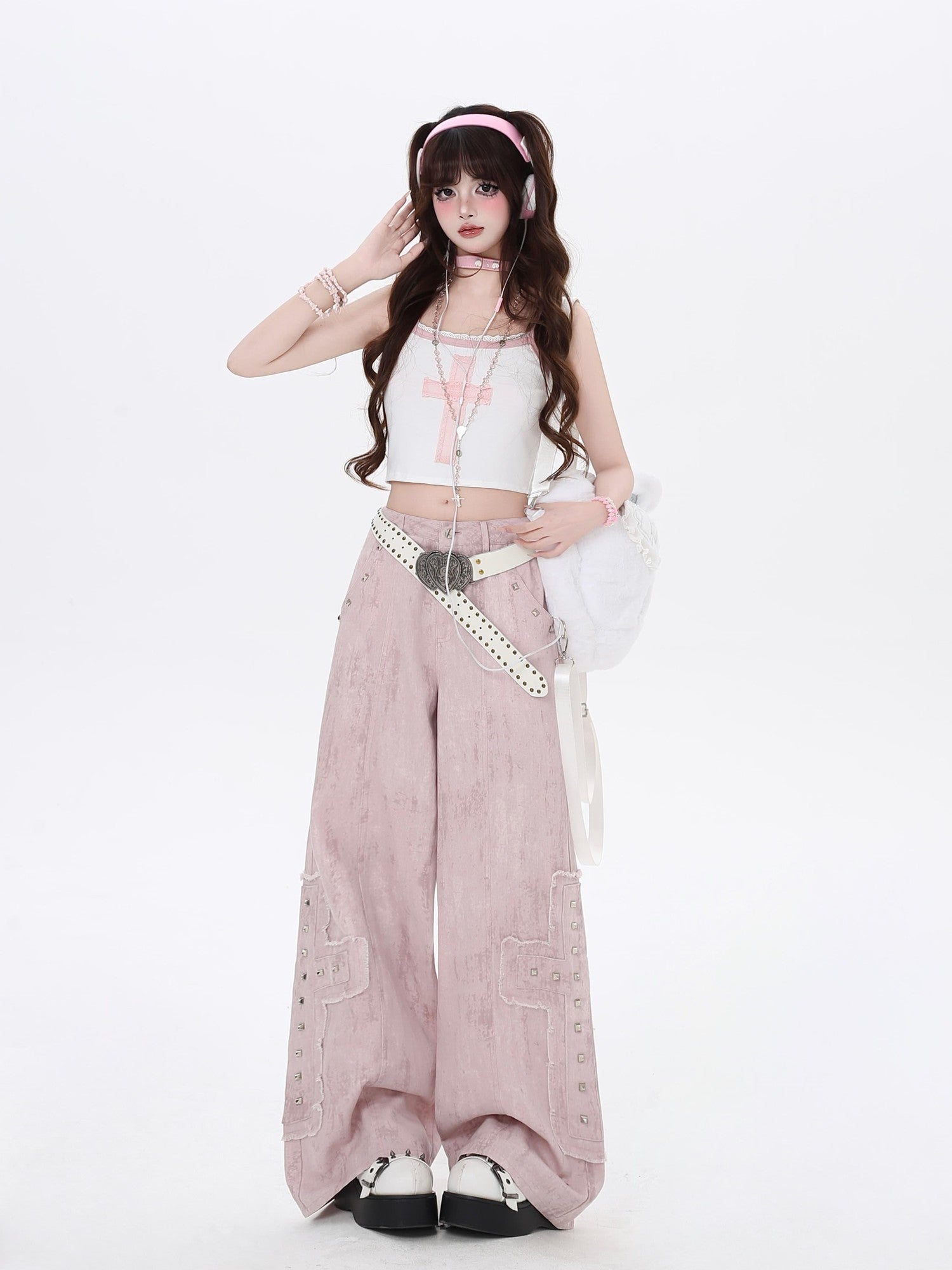 CRAZYGIRL Pale Pink Denim High Waist Cargo Loose Straight Women's Wide-leg Pants