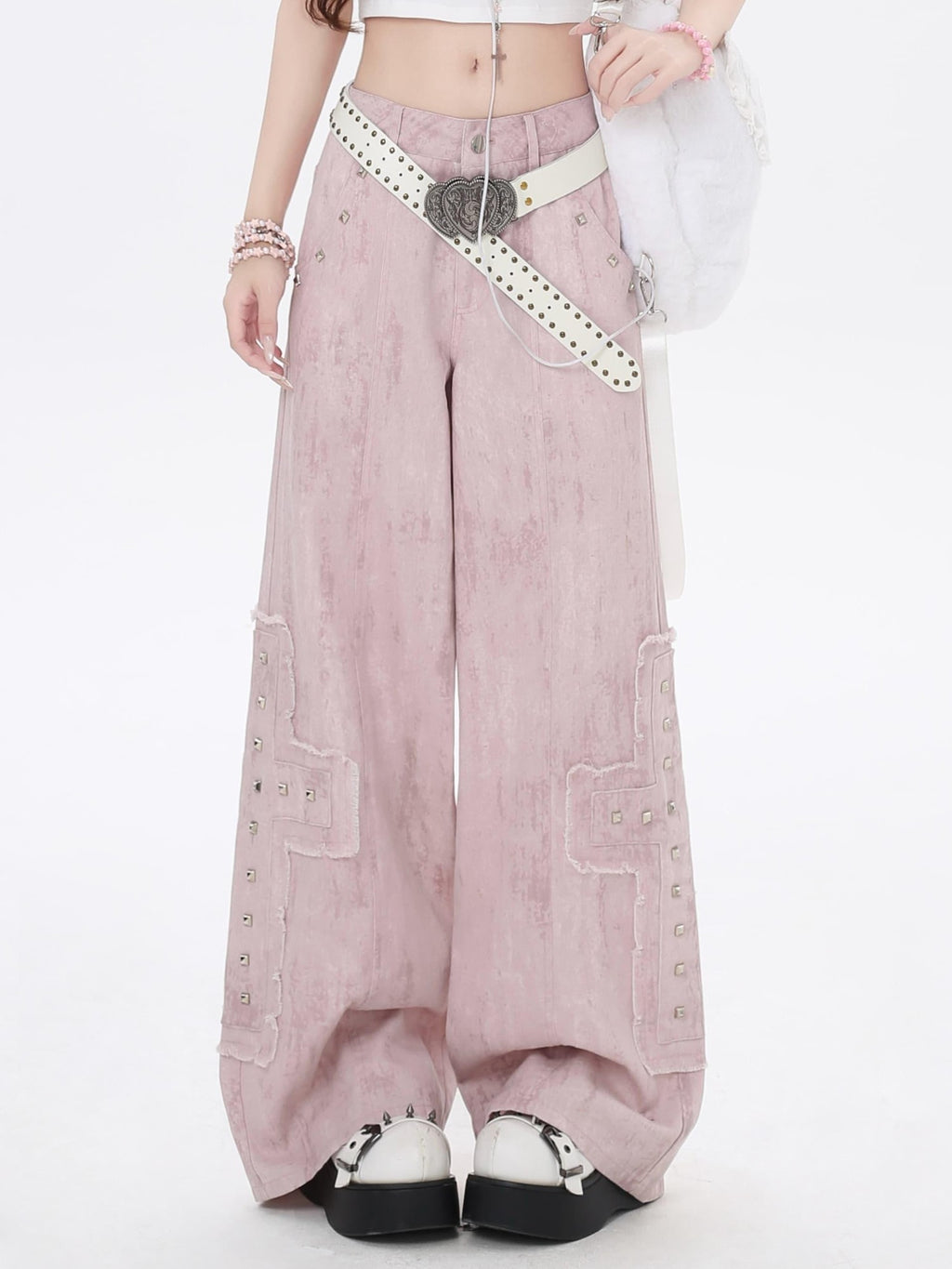 CRAZYGIRL Pale Pink Denim High Waist Cargo Loose Straight Women's Wide-leg Pants