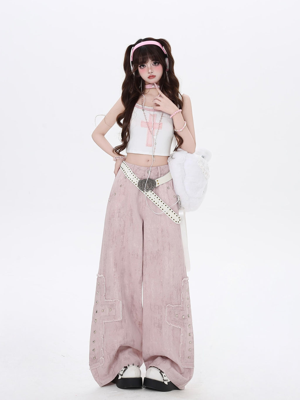 CRAZYGIRL Pale Pink Denim High Waist Cargo Loose Straight Women's Wide-leg Pants