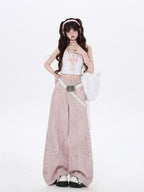 CRAZYGIRL Pale Pink Denim High Waist Cargo Loose Straight Women's Wide-leg Pants