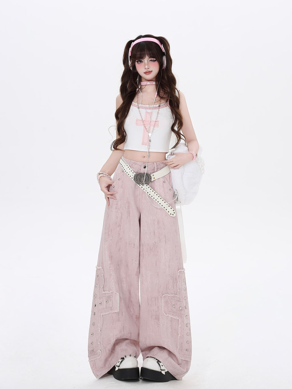 CRAZYGIRL Pale Pink Denim High Waist Cargo Loose Straight Women's Wide-leg Pants