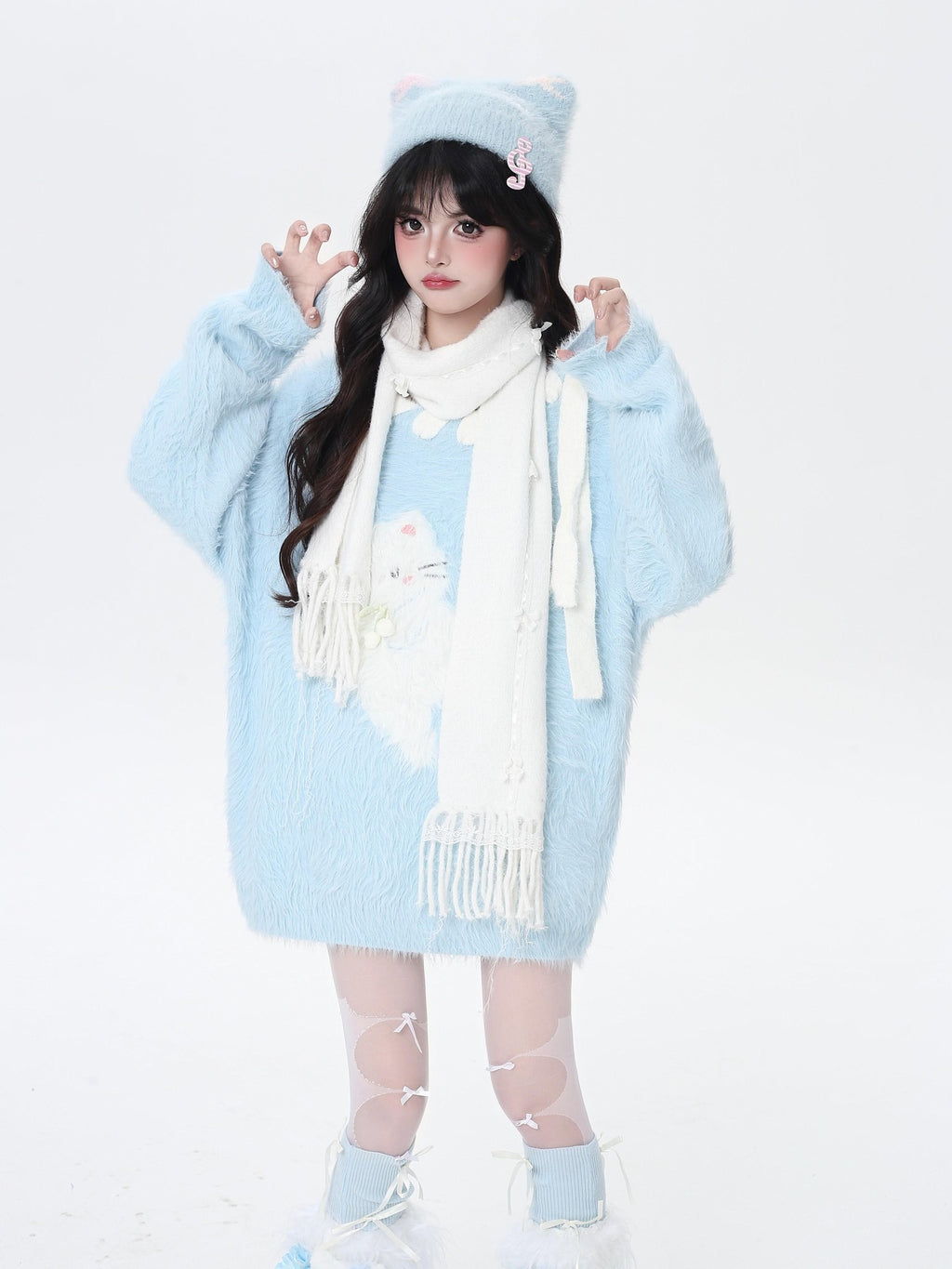CRAZYGIRL Pastel Macaron Cat Cute Loose Crewneck Women's Faux Mink Sweaters