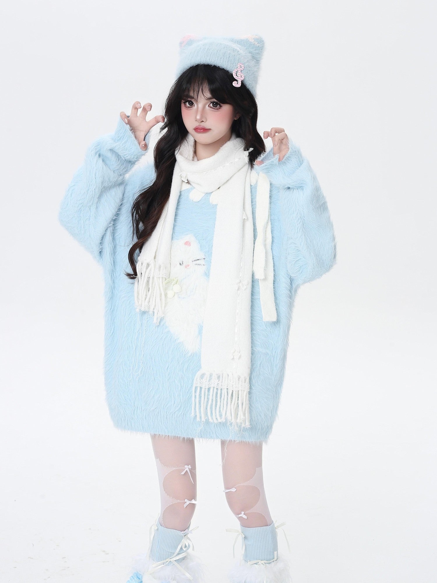 CRAZYGIRL Pastel Macaron Cat Cute Loose Crewneck Women's Faux Mink Sweaters