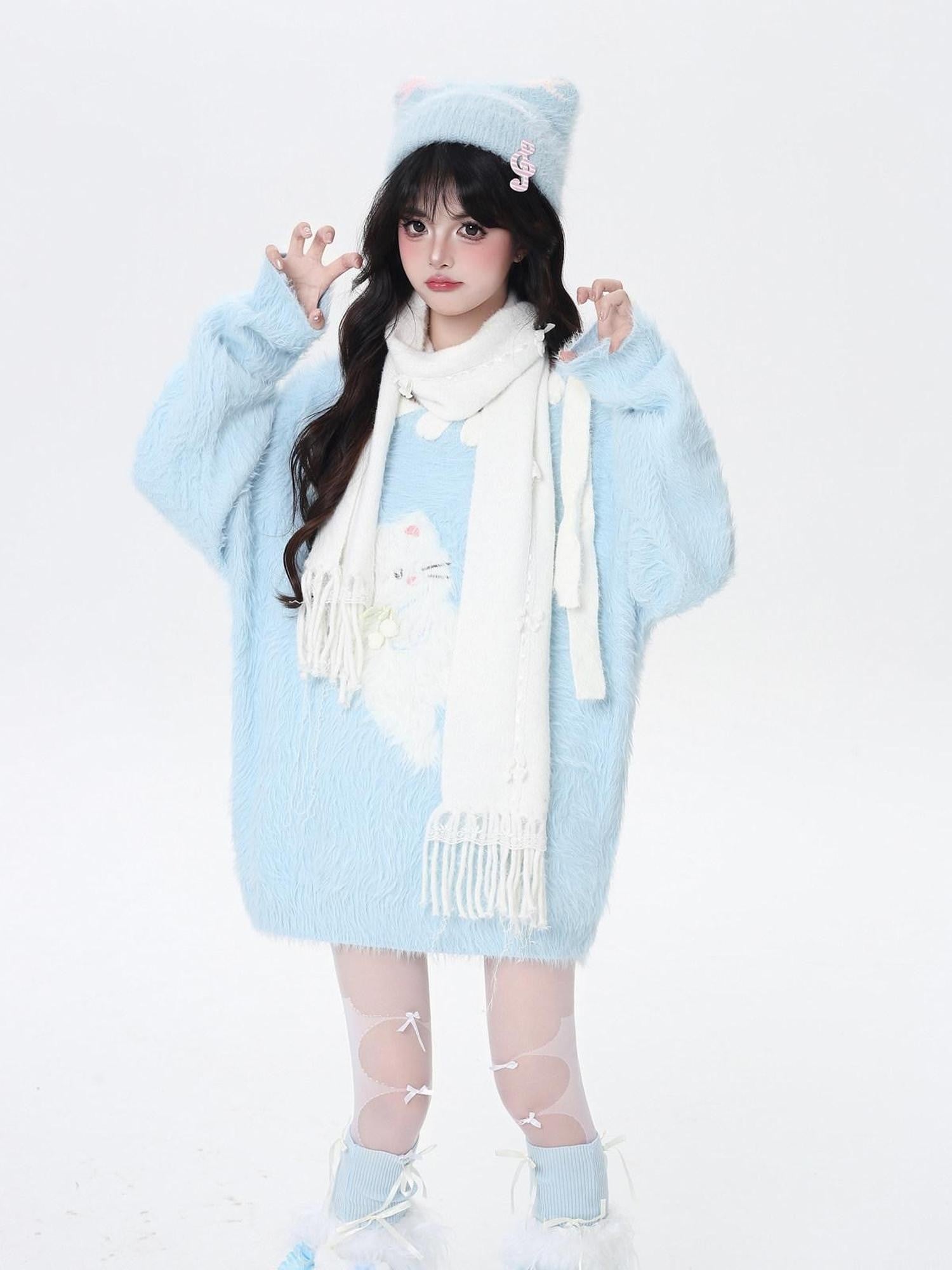 CRAZYGIRL Pastel Macaron Cat Cute Loose Crewneck Women's Faux Mink Sweaters