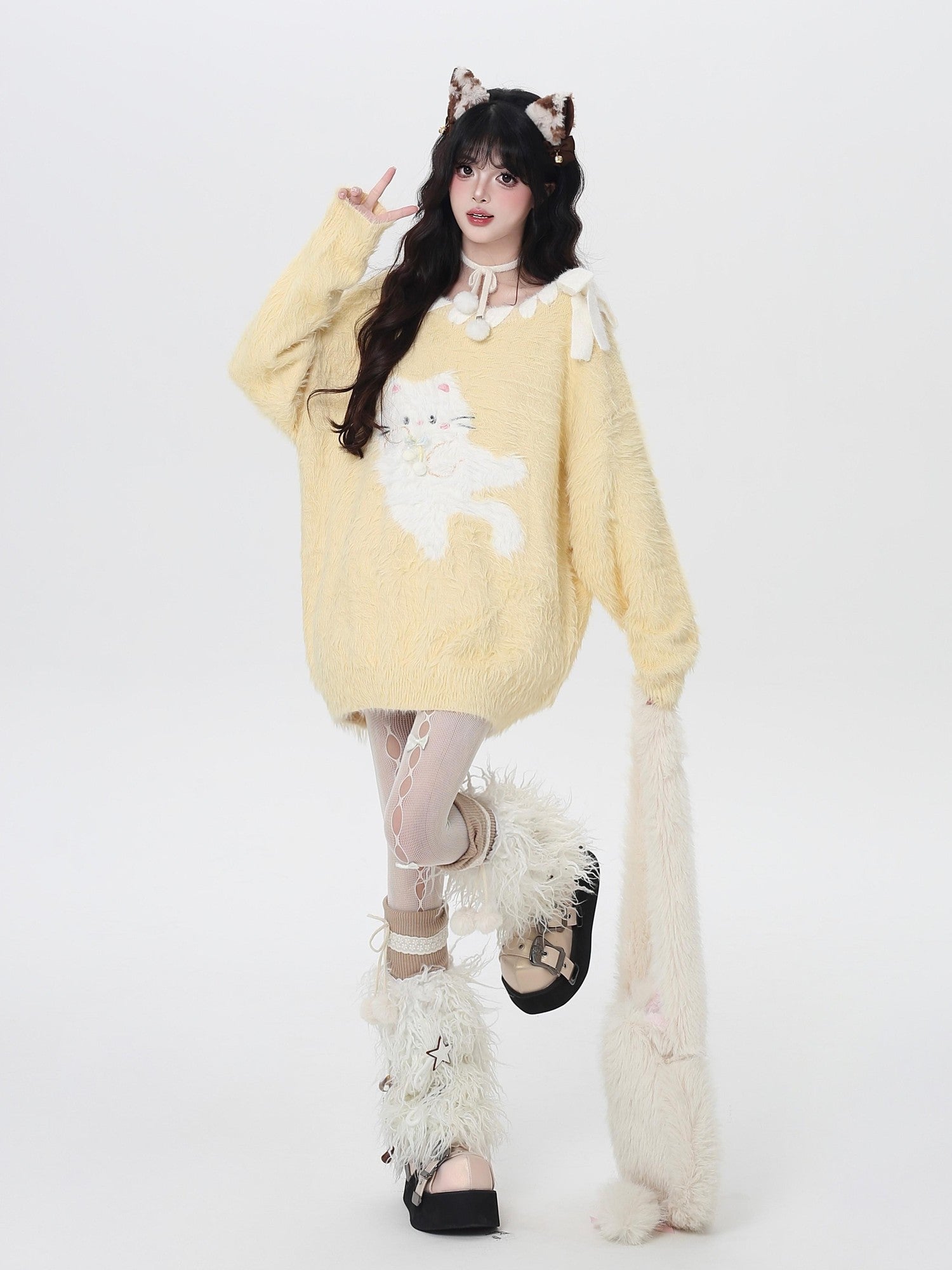 CRAZYGIRL Pastel Macaron Cat Cute Loose Crewneck Women's Faux Mink Sweaters