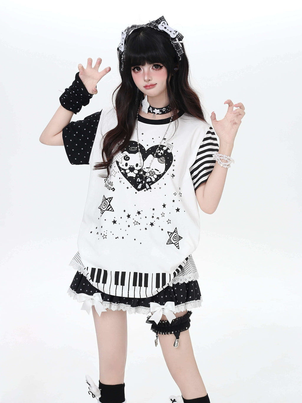 CRAZYGIRL_Piano_Cat_Cartoon_Striped_Printed_Round_Neck_Women's_Short_Sleeve_T-shirts_1040246918225_MISSTT