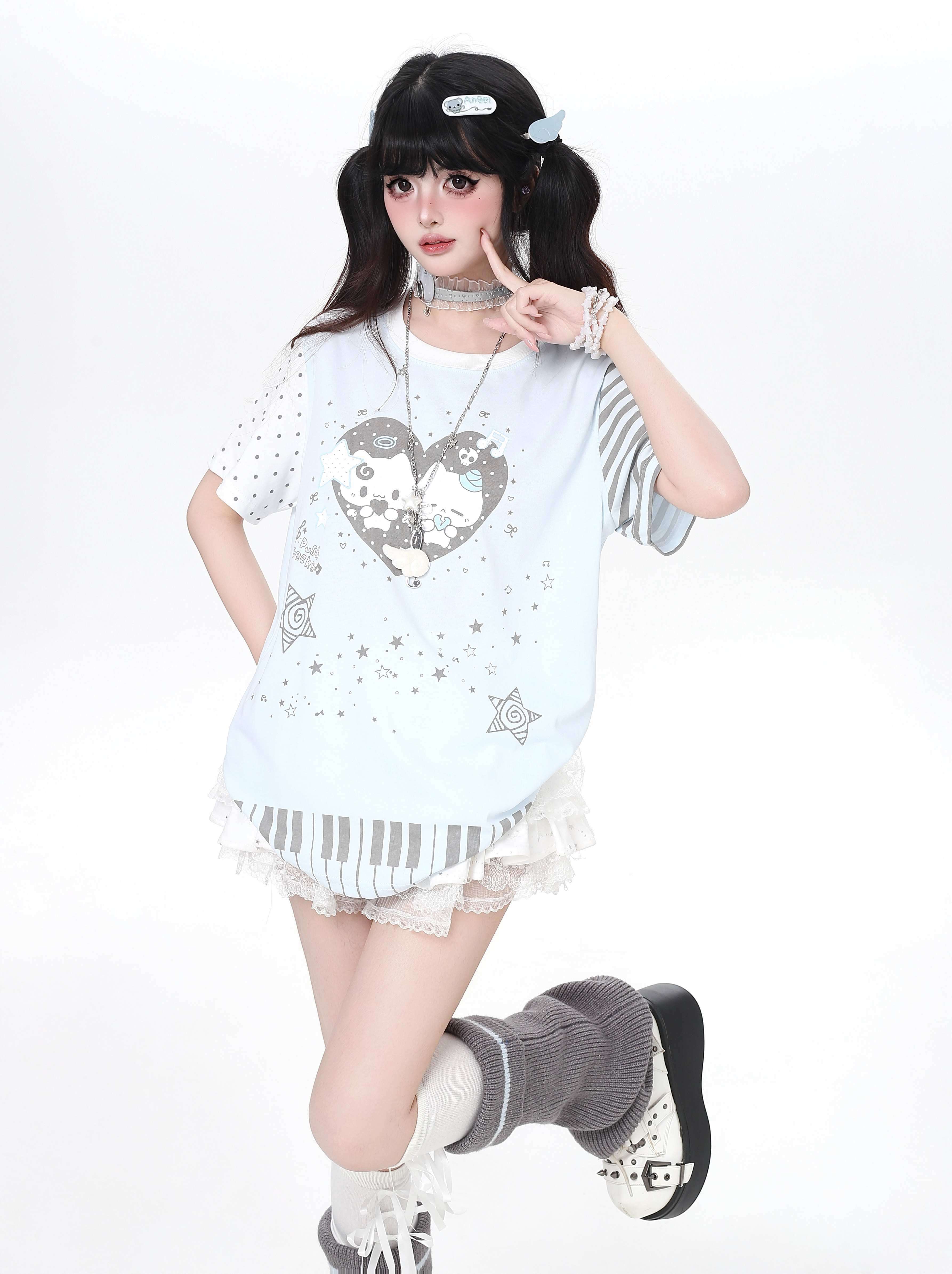 CRAZYGIRL_Piano_Cat_Cartoon_Striped_Printed_Round_Neck_Women's_Short_Sleeve_T-shirts_1040246918225_MISSTT