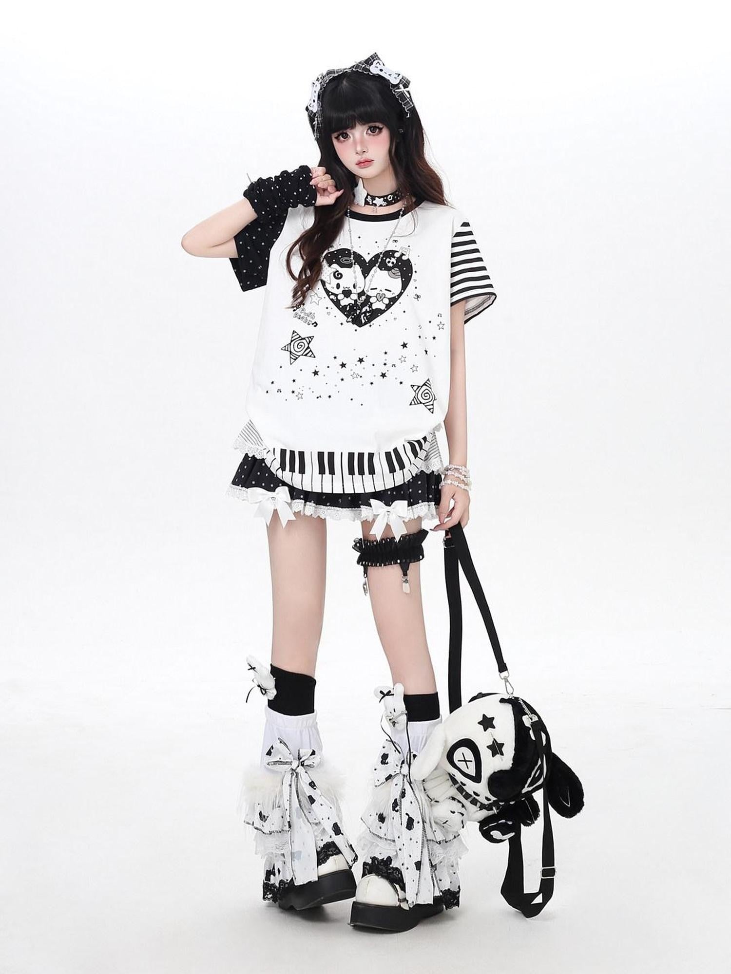 CRAZYGIRL Piano Cat Cartoon Striped Printed Round Neck Women's Short Sleeve T-shirts