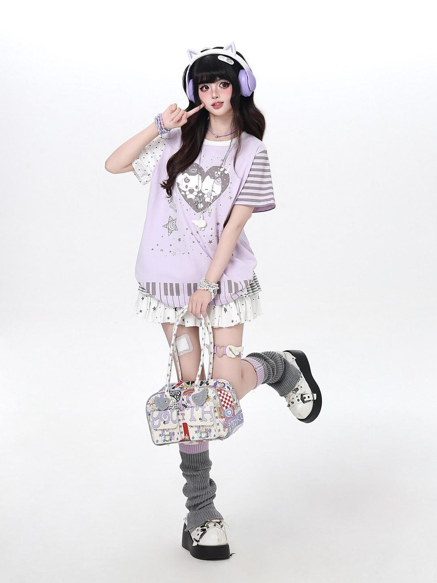 CRAZYGIRL Piano Cat Cartoon Striped Printed Round Neck Women's Short Sleeve T-shirts