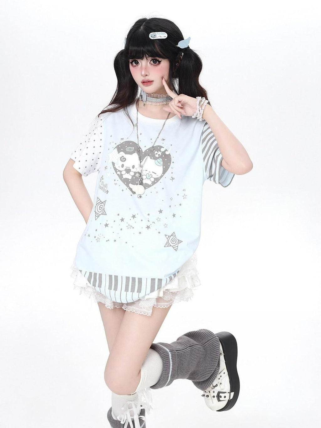 CRAZYGIRL Piano Cat Cartoon Striped Printed Round Neck Women's Short Sleeve T-shirts