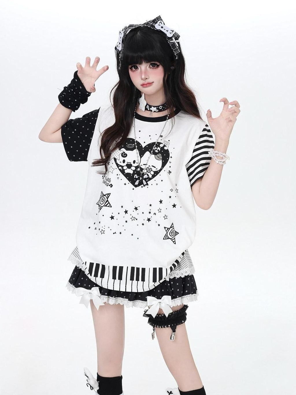 CRAZYGIRL Piano Cat Cartoon Striped Printed Round Neck Women's Short Sleeve T-shirts