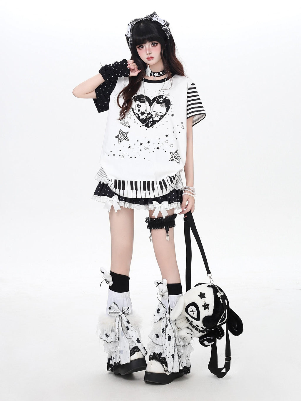 CRAZYGIRL Piano Cat Cartoon Striped Printed Round Neck Women's Short Sleeve T-shirts