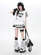 CRAZYGIRL Piano Cat Cartoon Striped Printed Round Neck Women's Short Sleeve T-shirts