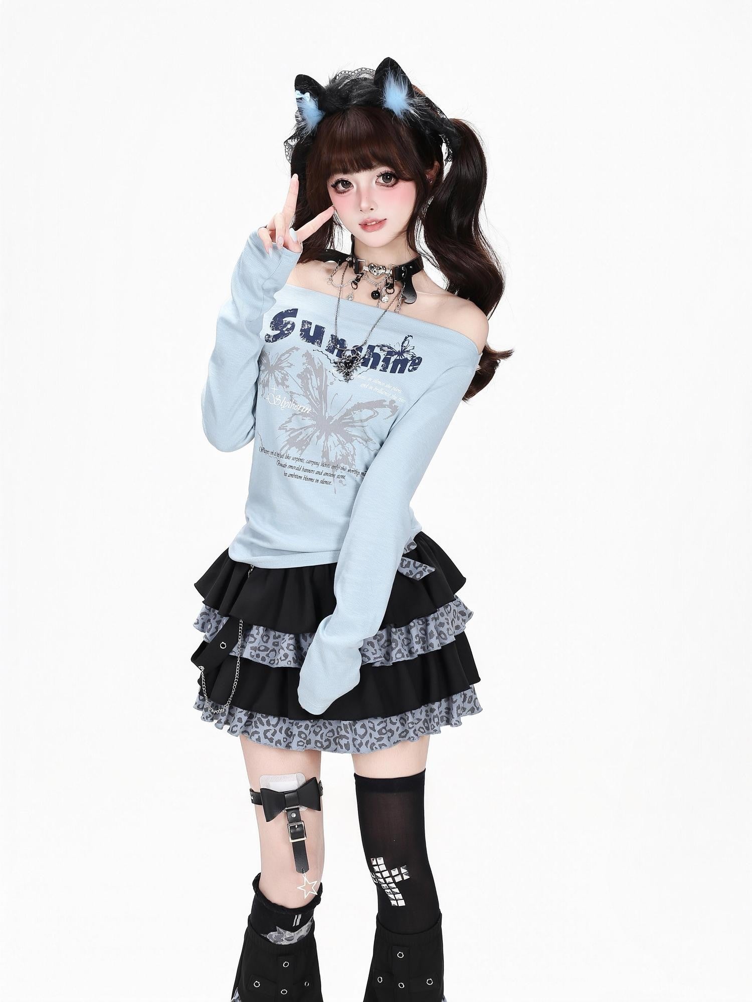 CRAZYGIRL Pink Blue Butterfly Print Bardot Slim Vintage Women's Long Sleeve T-shirts
