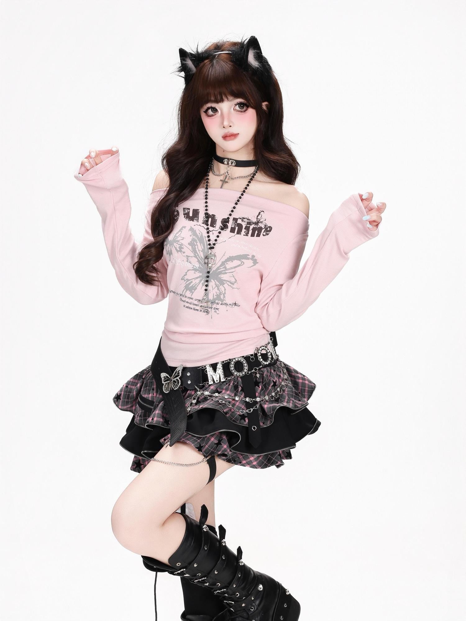 CRAZYGIRL Pink Blue Butterfly Print Bardot Slim Vintage Women's Long Sleeve T-shirts