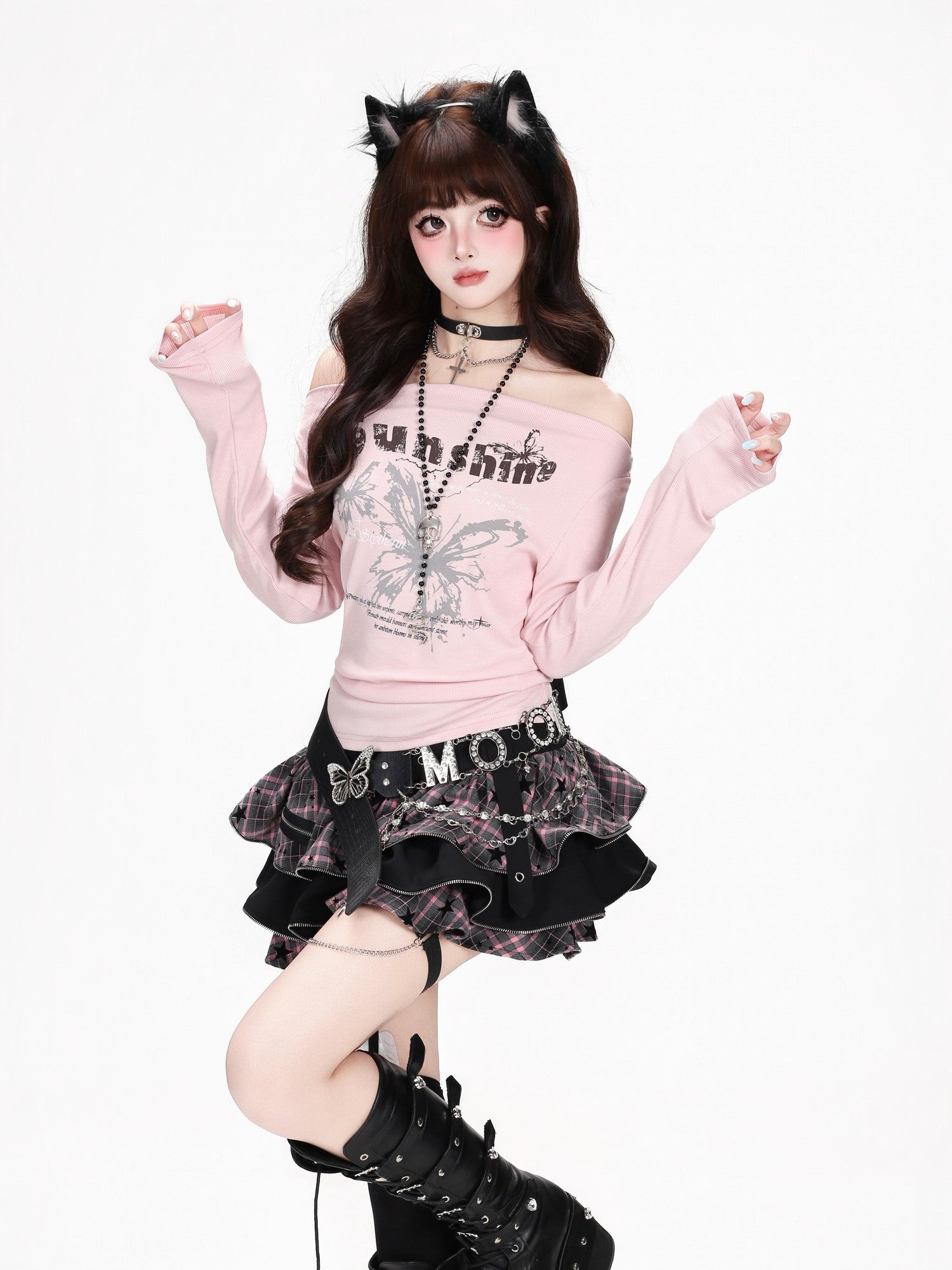 CRAZYGIRL Pink Blue Butterfly Print Bardot Slim Vintage Women's Long Sleeve T-shirts