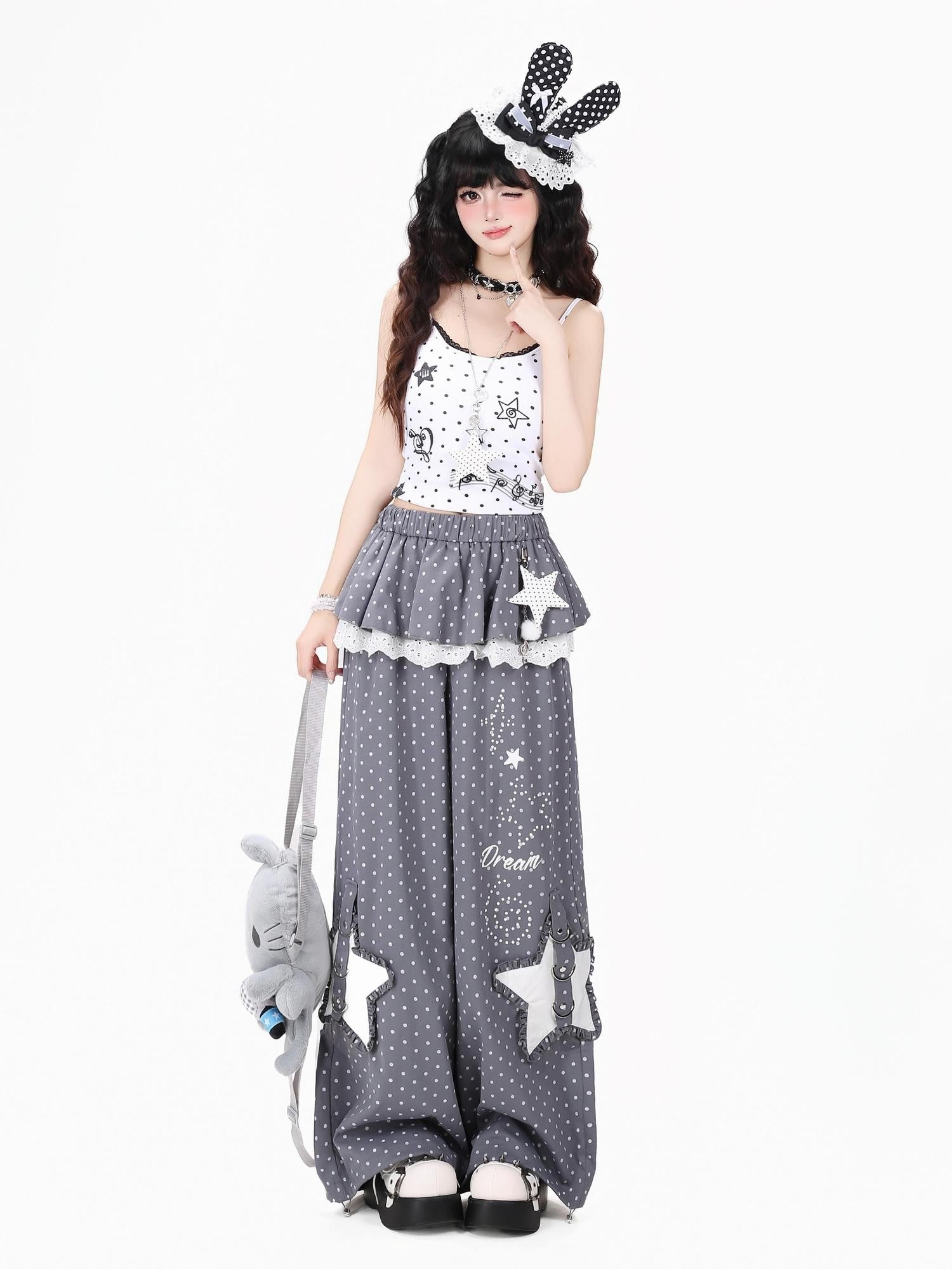 CRAZYGIRL Pink Polka Dot Star Faux Layered High Waist Straight Women's Sweatpants/joggers