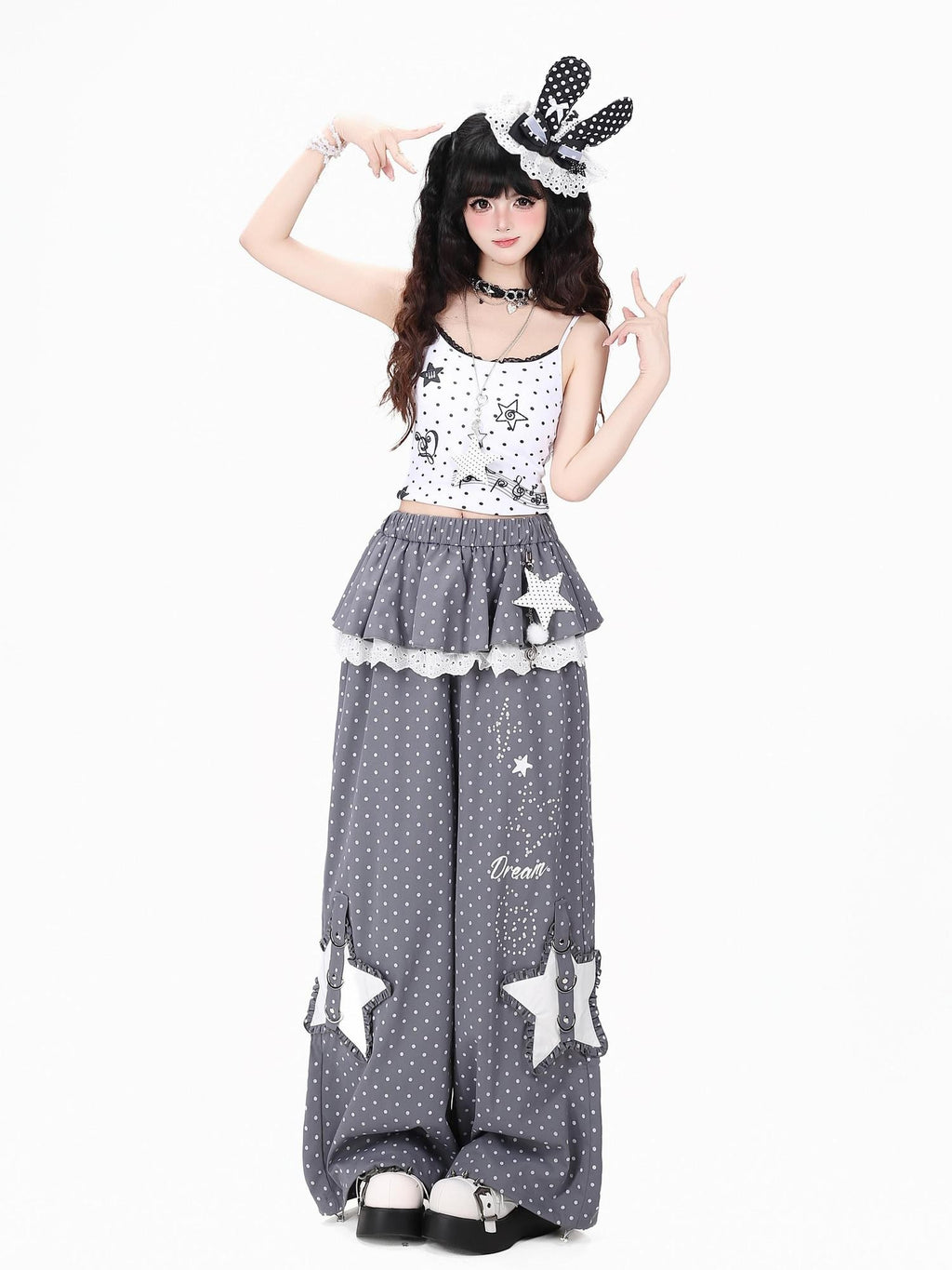 CRAZYGIRL Pink Polka Dot Star Faux Layered High Waist Straight Women's Sweatpants/joggers