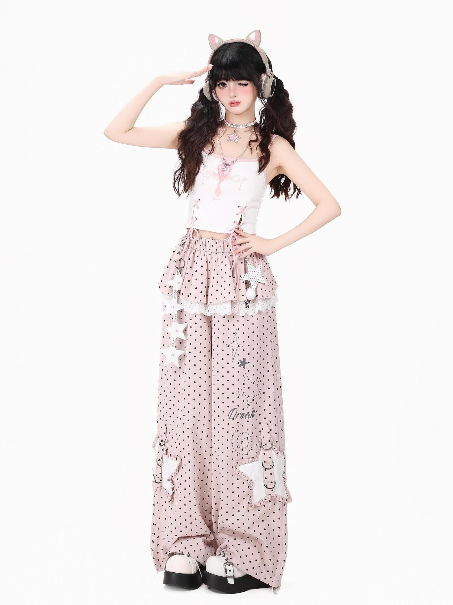 CRAZYGIRL Pink Polka Dot Star Faux Layered High Waist Straight Women's Sweatpants/joggers
