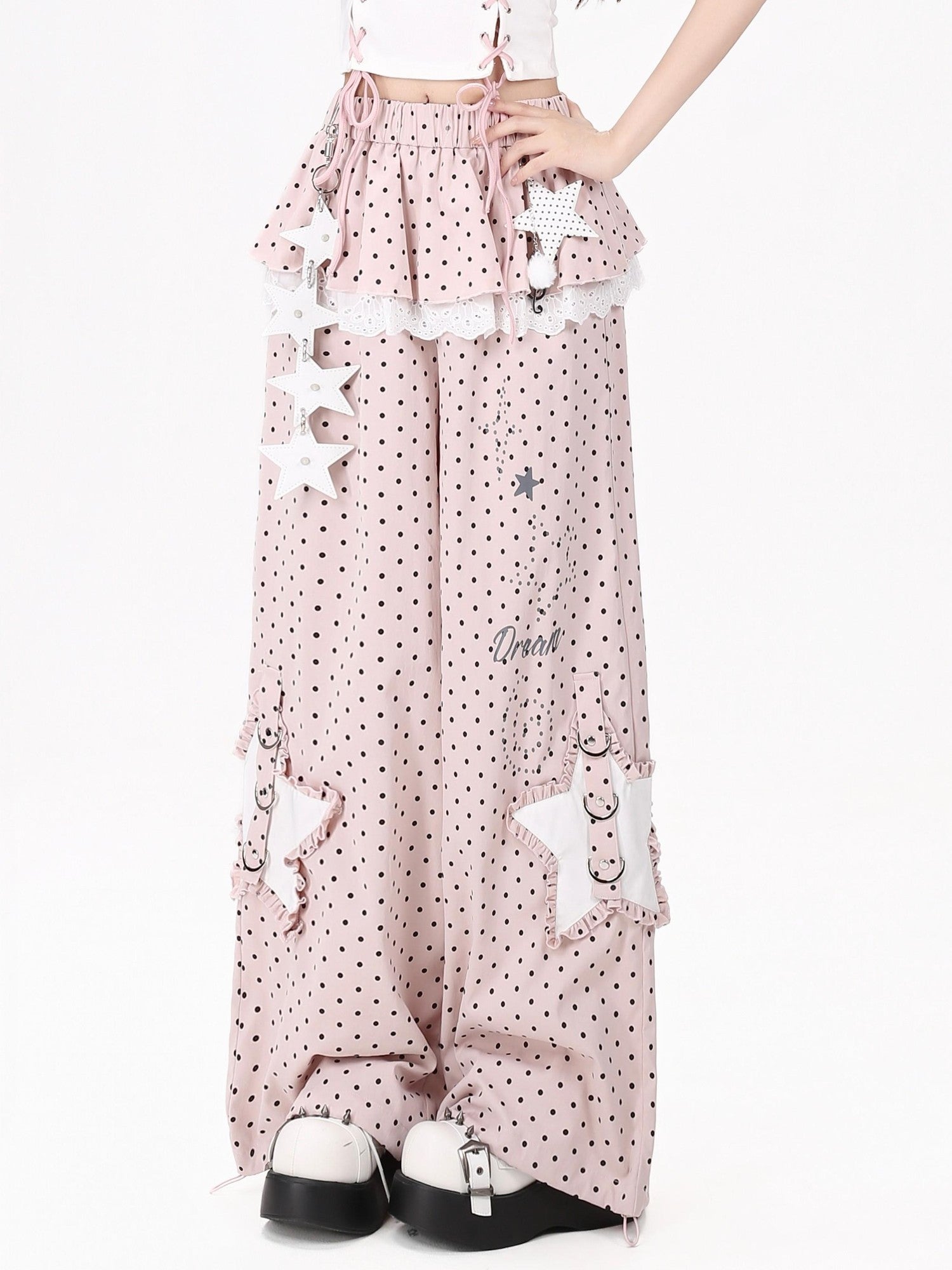 CRAZYGIRL Pink Polka Dot Star Faux Layered High Waist Straight Women's Sweatpants/joggers