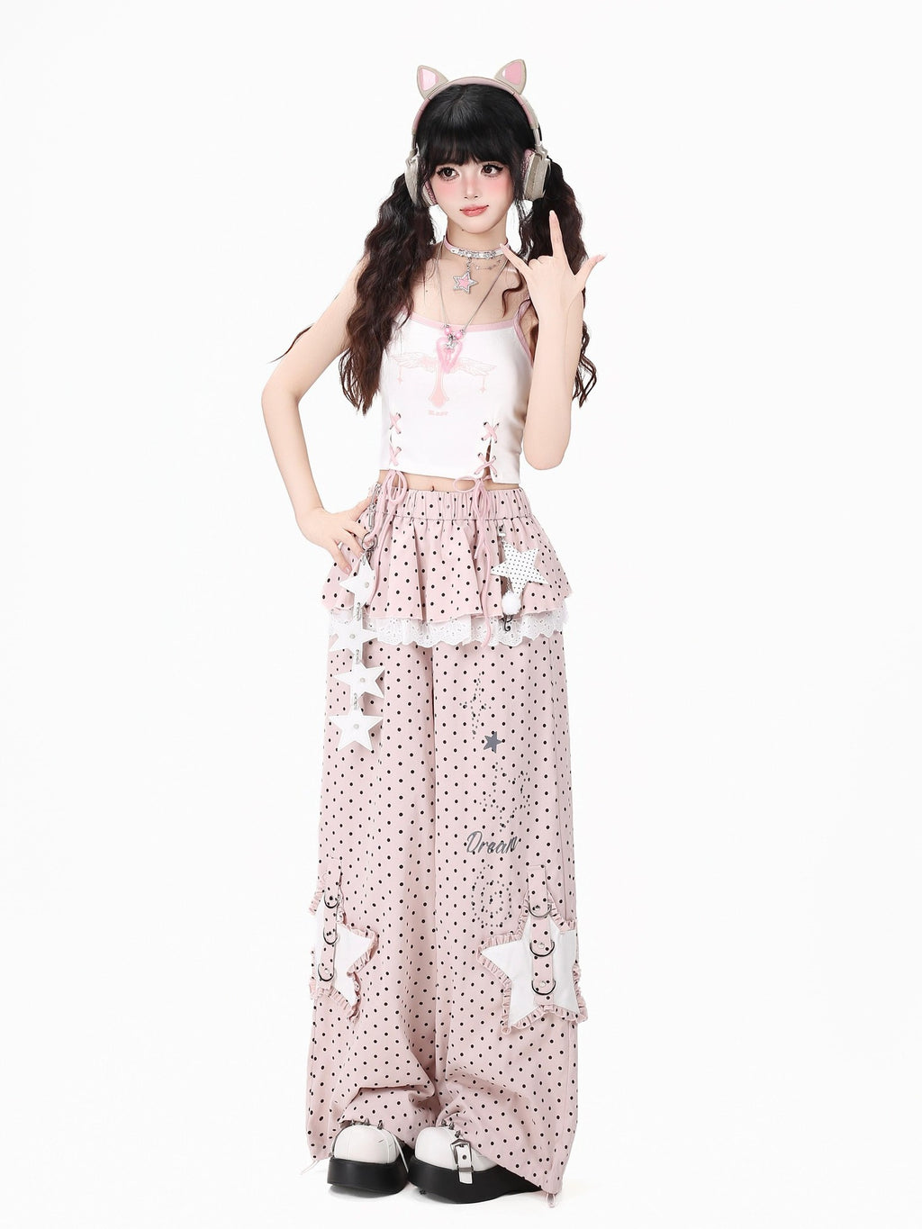 CRAZYGIRL Pink Polka Dot Star Faux Layered High Waist Straight Women's Sweatpants/joggers