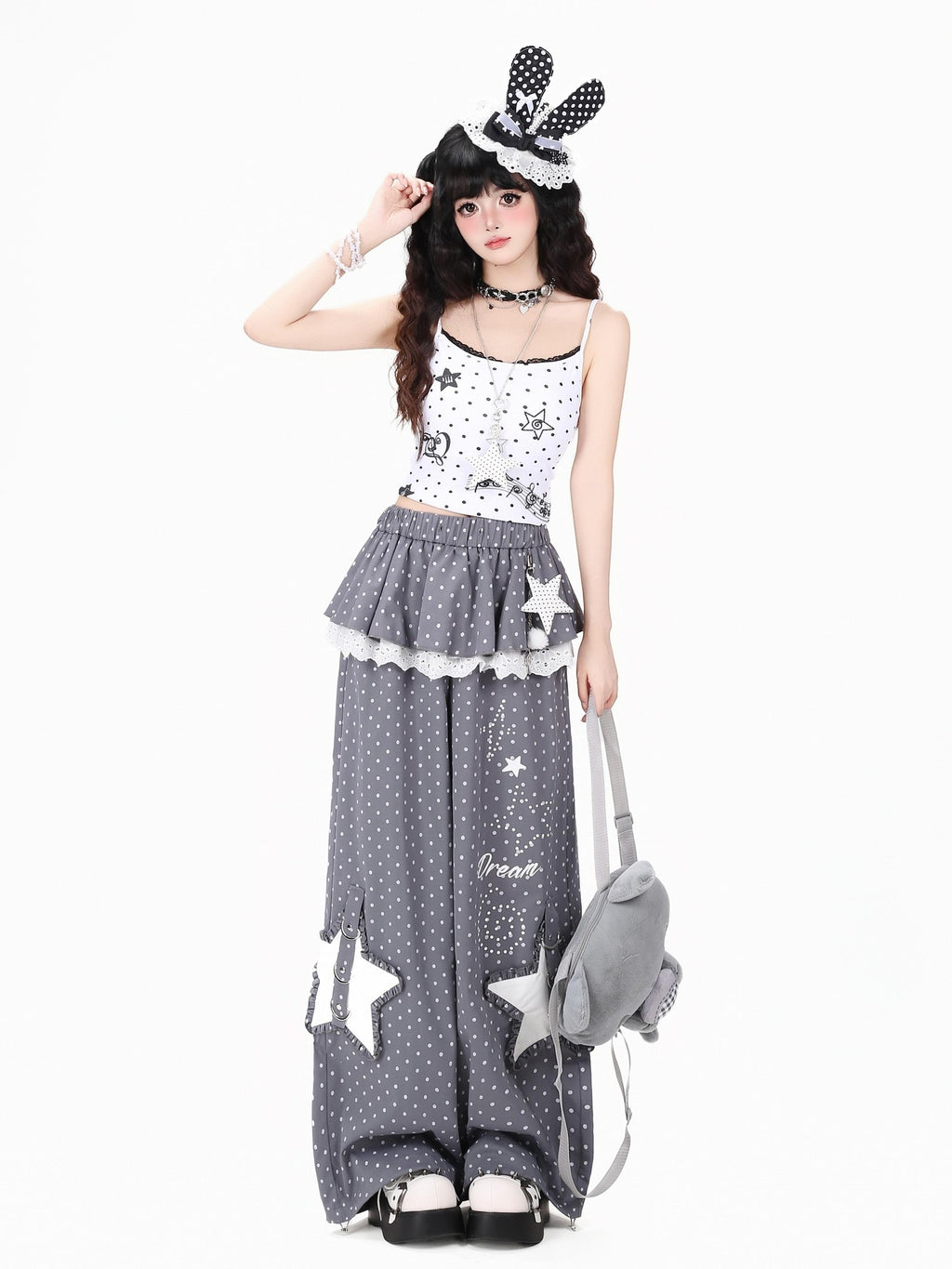 CRAZYGIRL Pink Polka Dot Star Faux Layered High Waist Straight Women's Sweatpants/joggers