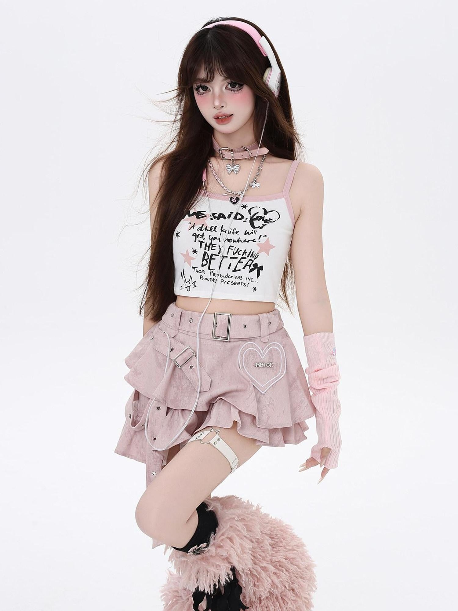 CRAZYGIRL Pink Tie Dye Irregular Ruffle High Waist Pleated A Line Women's Mini Skirts