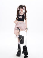 CRAZYGIRL Pink Tie Dye Irregular Ruffle High Waist Pleated A Line Women's Mini Skirts