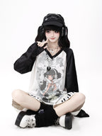 CRAZYGIRL Pink V-neck Raglan Patchwork Breathable Loose Women's Long Sleeve T-shirts