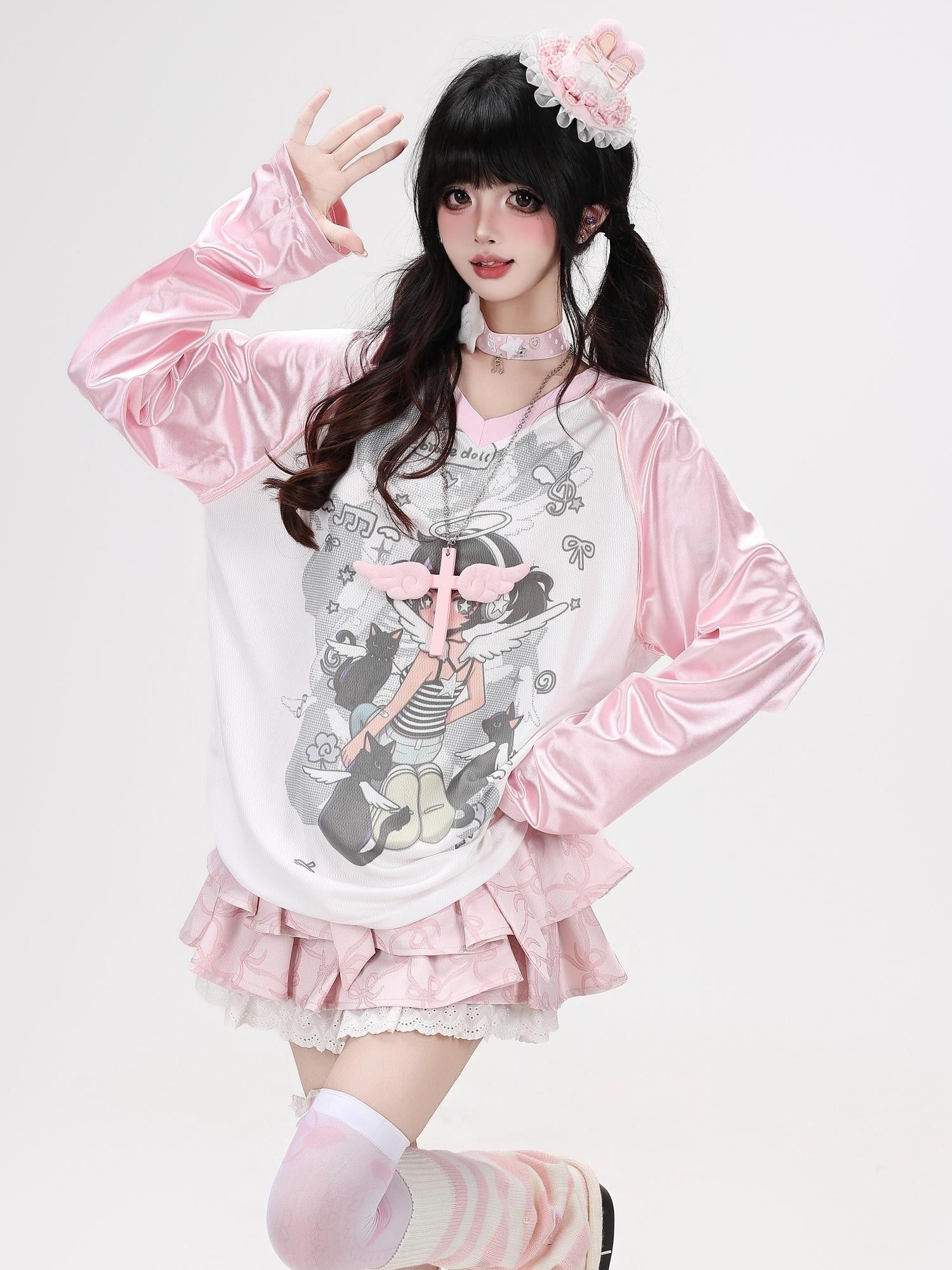 CRAZYGIRL Pink V-neck Raglan Patchwork Breathable Loose Women's Long Sleeve T-shirts