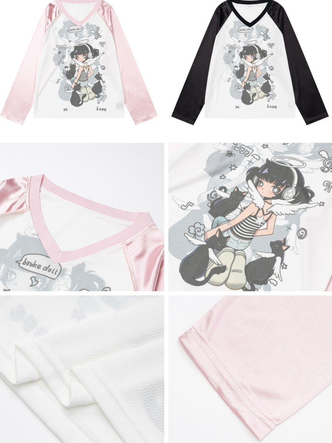 CRAZYGIRL Pink V-neck Raglan Patchwork Breathable Loose Women's Long Sleeve T-shirts