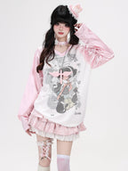 CRAZYGIRL Pink V-neck Raglan Patchwork Breathable Loose Women's Long Sleeve T-shirts