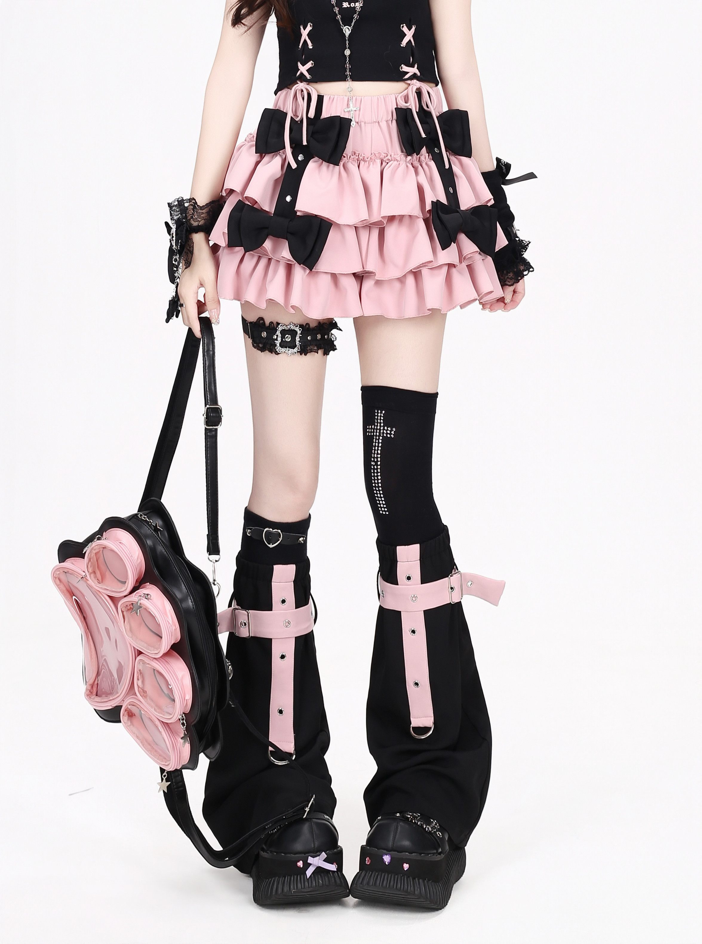 CRAZYGIRL_Pink_With_Black_Bow_Layered_Puff_High_Waist_Women's_Mini_Skirts_1059625020280_MISSTT