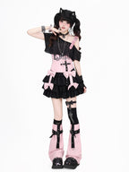 CRAZYGIRL Pink With Black Bow Layered Puff High Waist Women's Mini Skirts