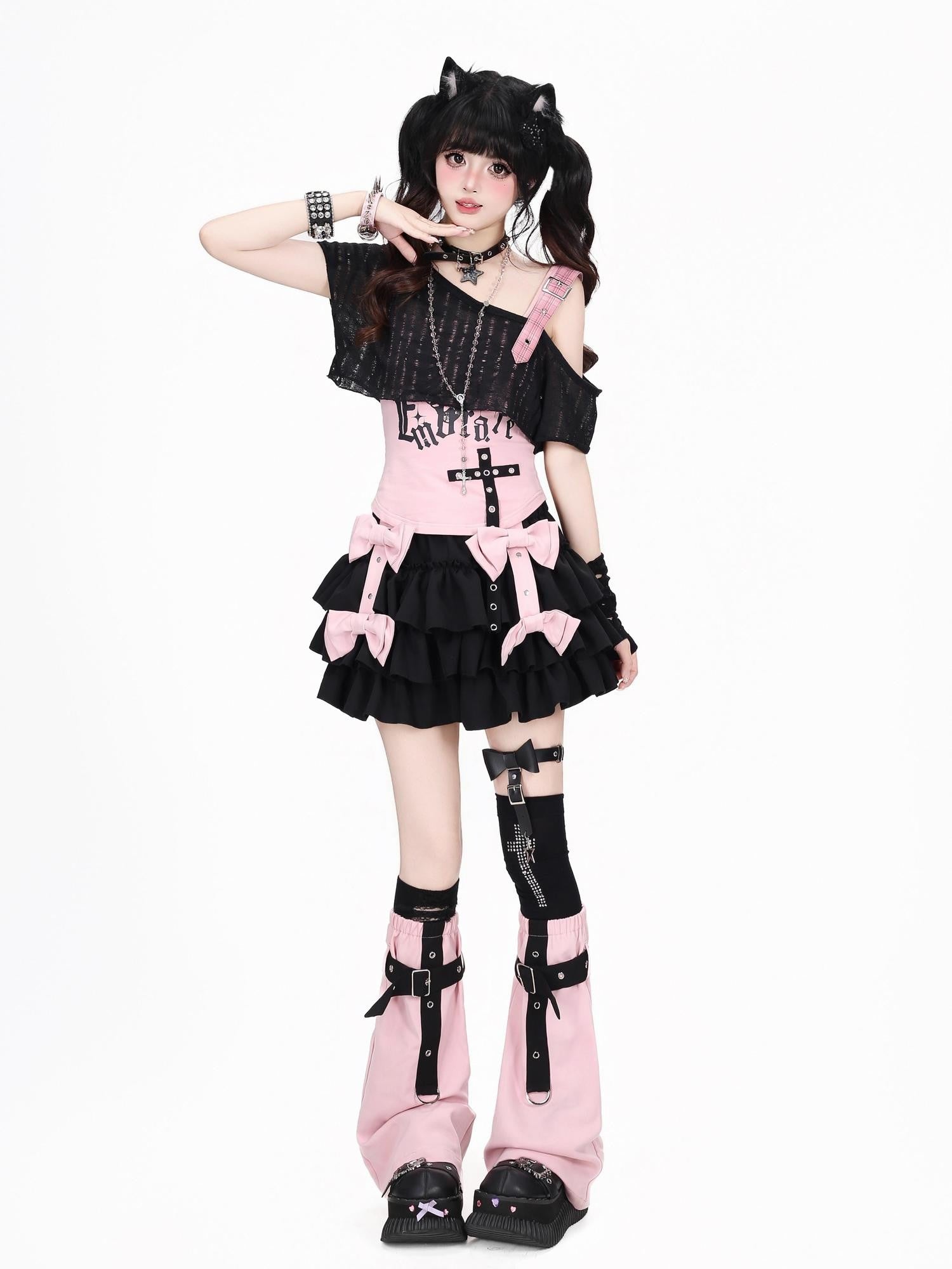 CRAZYGIRL Pink With Black Bow Layered Puff High Waist Women's Mini Skirts