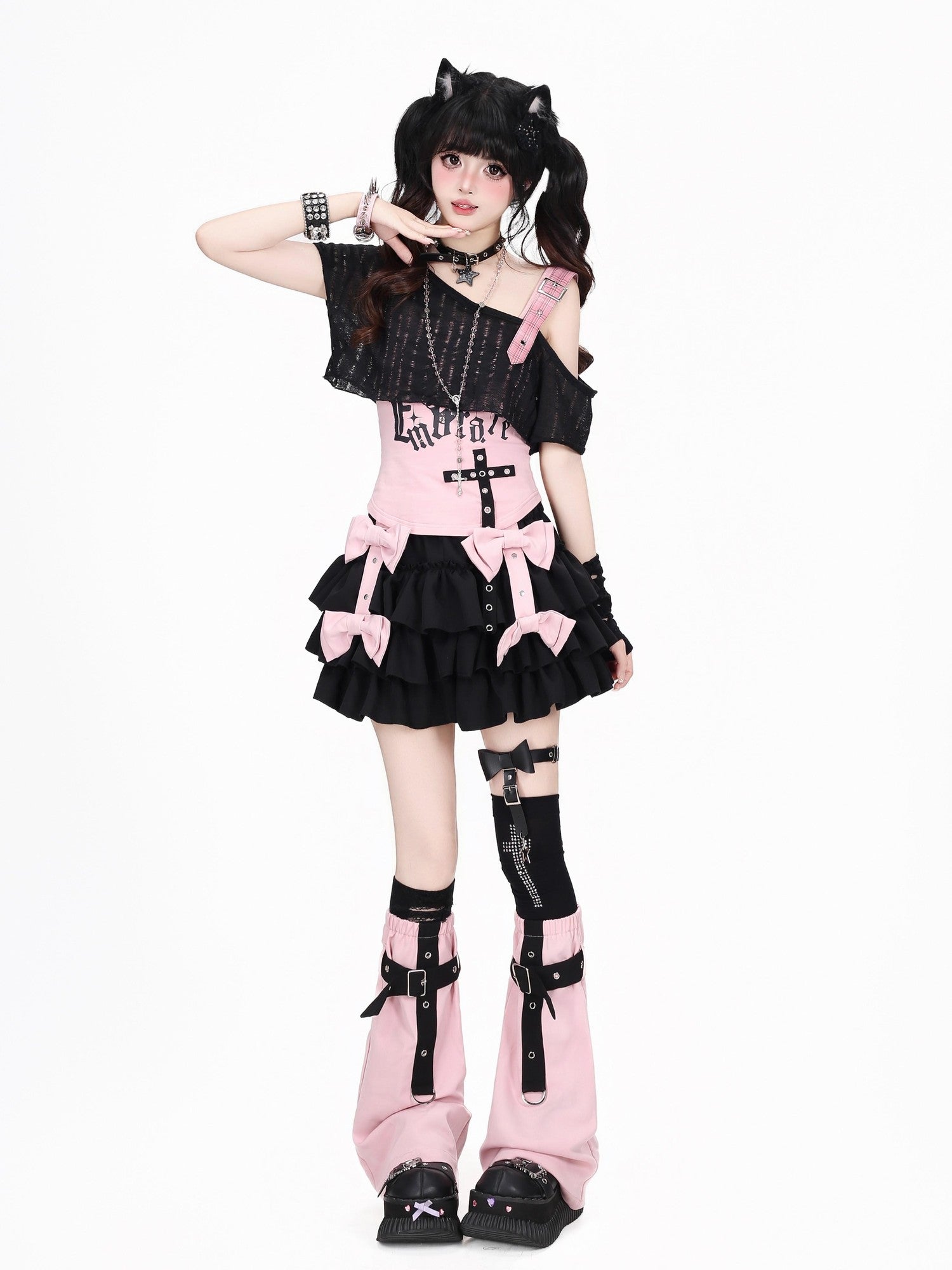 CRAZYGIRL Pink With Black Bow Layered Puff High Waist Women's Mini Skirts