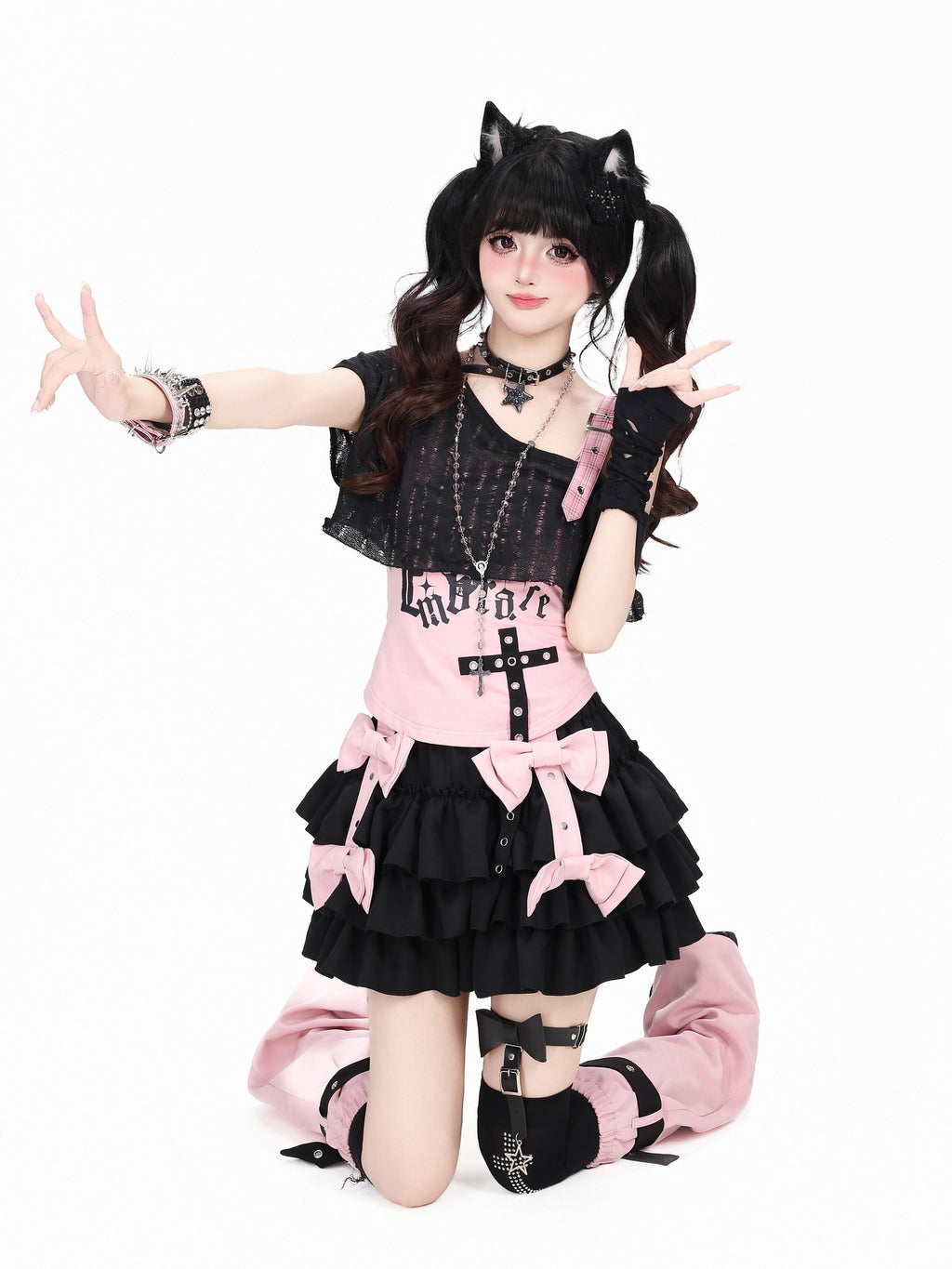 CRAZYGIRL Pink With Black Bow Layered Puff High Waist Women's Mini Skirts