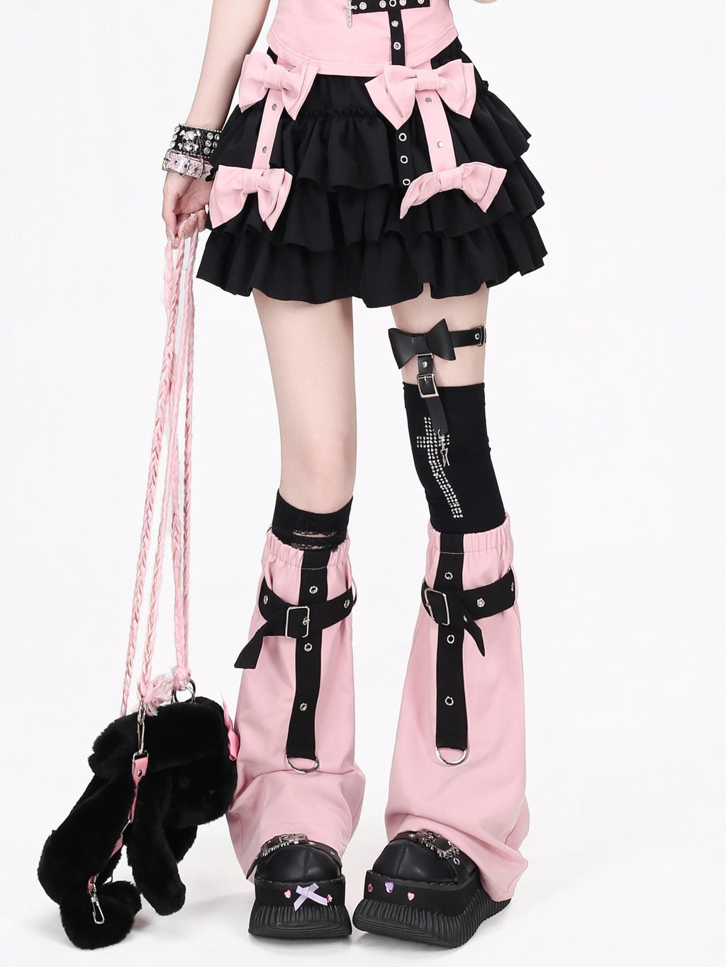 CRAZYGIRL Pink With Black Bow Layered Puff High Waist Women's Mini Skirts