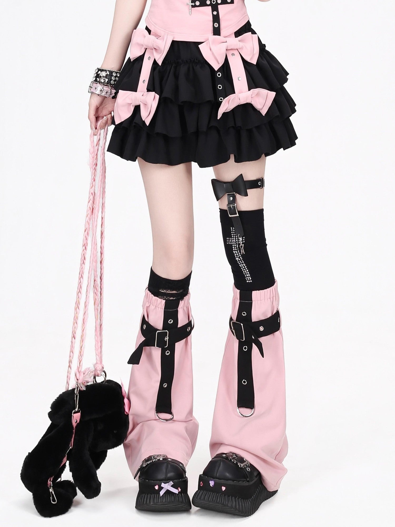 CRAZYGIRL Pink With Black Bow Layered Puff High Waist Women's Mini Skirts
