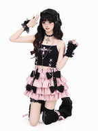 CRAZYGIRL Pink With Black Bow Layered Puff High Waist Women's Mini Skirts