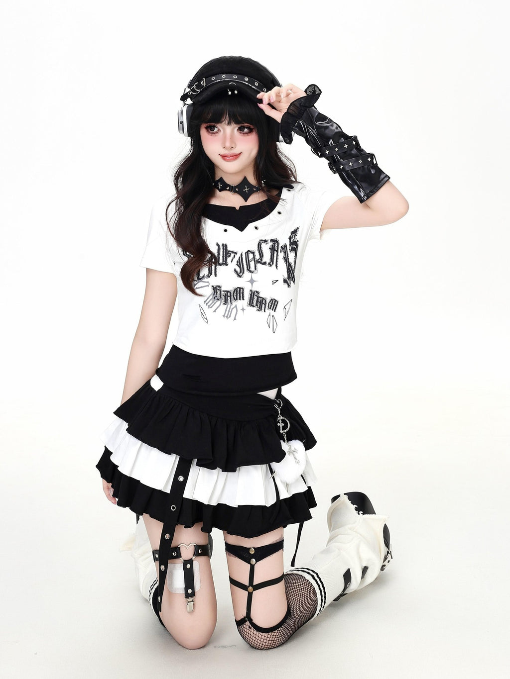 CRAZYGIRL Pixel Patchwork Letter Halter Faux Two Piece Women's Slim Short Sleeve T-shirts