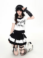 CRAZYGIRL Pixel Patchwork Letter Halter Faux Two Piece Women's Slim Short Sleeve T-shirts