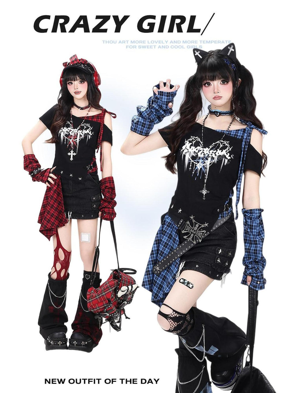 CRAZYGIRL Plaid Asymmetric Lace Up Patchwork One Shoulder Women's Short Sleeve T-shirts