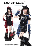 CRAZYGIRL Plaid Asymmetric Lace Up Patchwork One Shoulder Women's Short Sleeve T-shirts