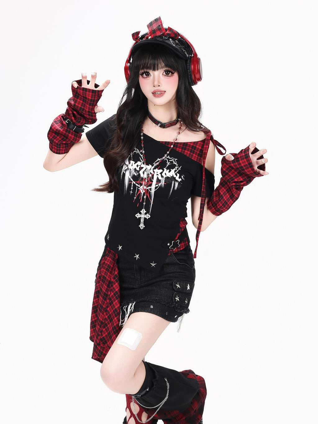 CRAZYGIRL Plaid Asymmetric Lace Up Patchwork One Shoulder Women's Short Sleeve T-shirts