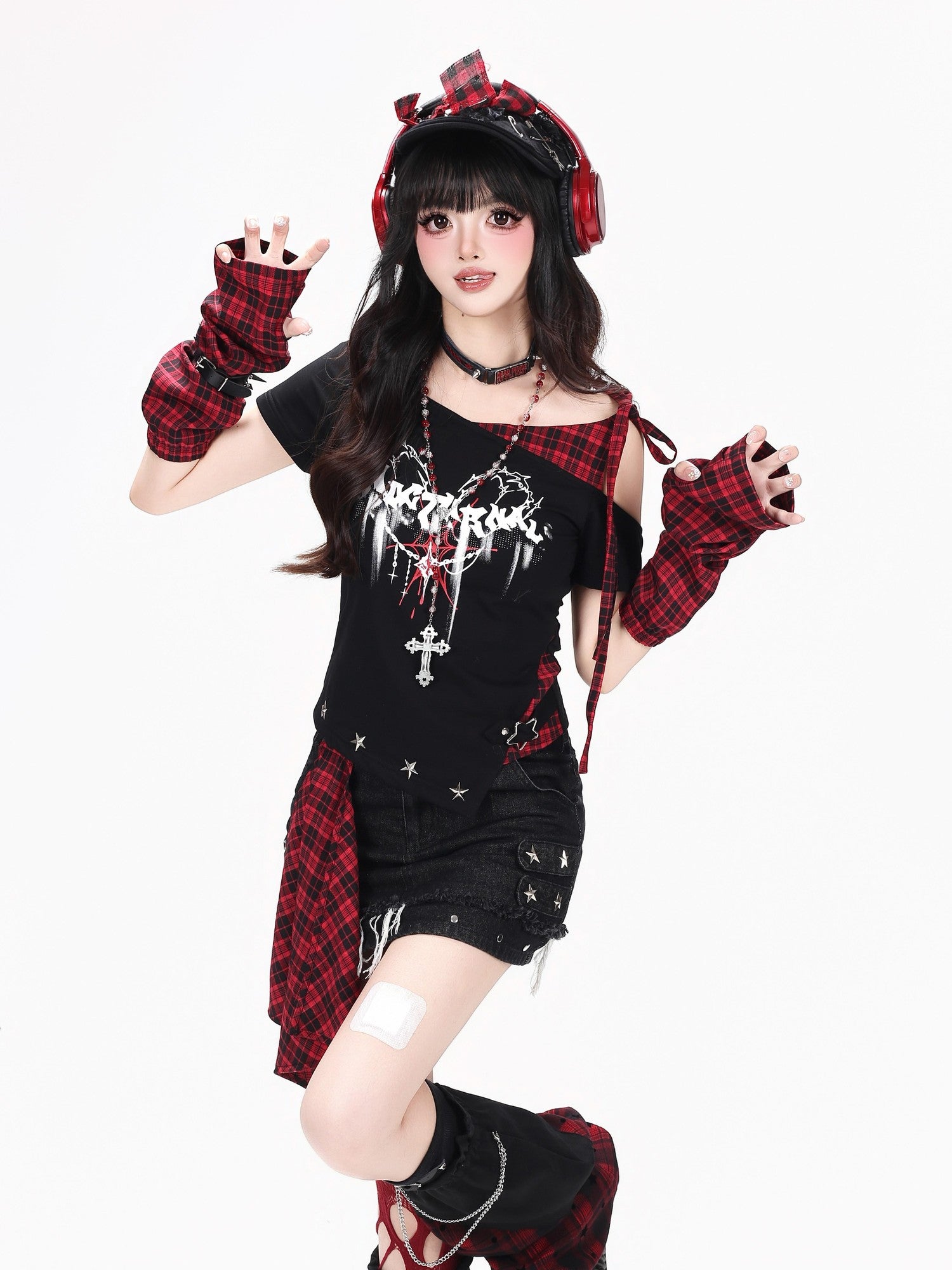 CRAZYGIRL Plaid Asymmetric Lace Up Patchwork One Shoulder Women's Short Sleeve T-shirts