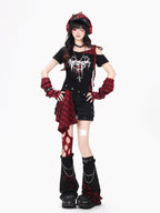 CRAZYGIRL Plaid Asymmetric Lace Up Patchwork One Shoulder Women's Short Sleeve T-shirts